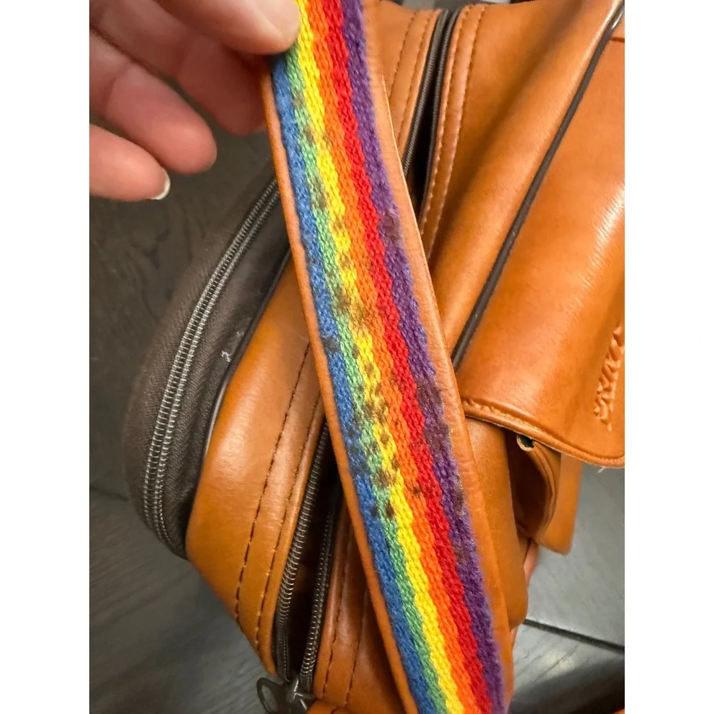 Vintage Kodak Instant Camera Bag Tan Faux Leather Rainbow Strap Retro Case